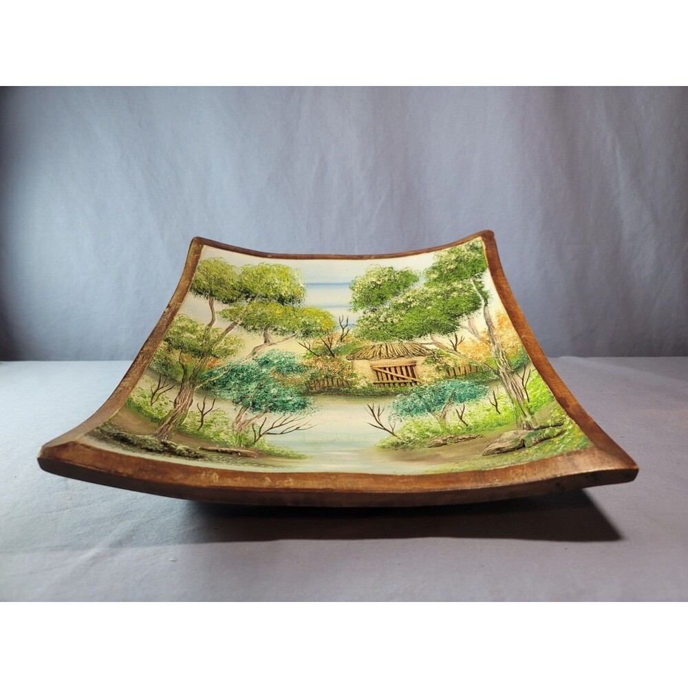 Hand Carved Curved Plate Wall Decor Hand Painted Wooden UNIQUE 11''x11''